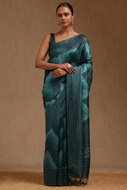 teal green chanderi geometric print saree with thread